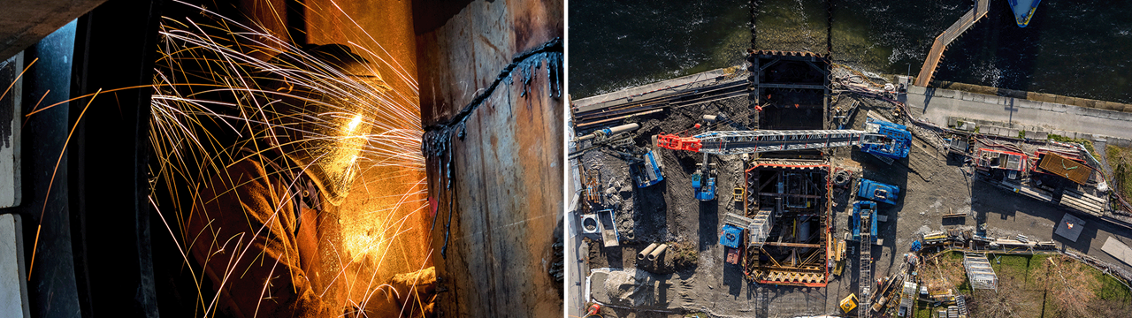 Arbeiter bei Schweissarbeiten und Luftaufnahme Baustelle Seewasserzentrale