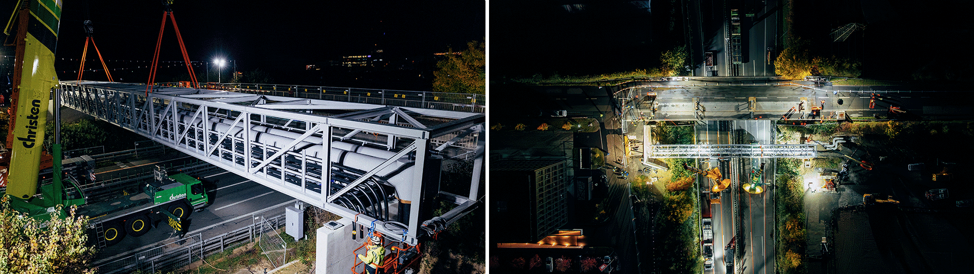 Rohrbrücke wird über der Autobahn in der Nacht platziert.