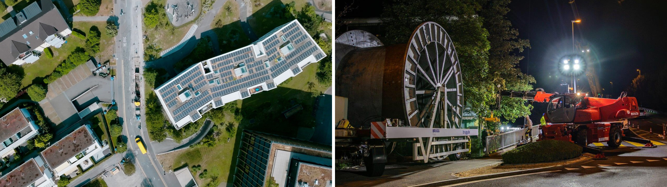 Luftaufnahme von Bautätigkeiten in Rotkreuz und Bauarbeiten in der Nacht. 