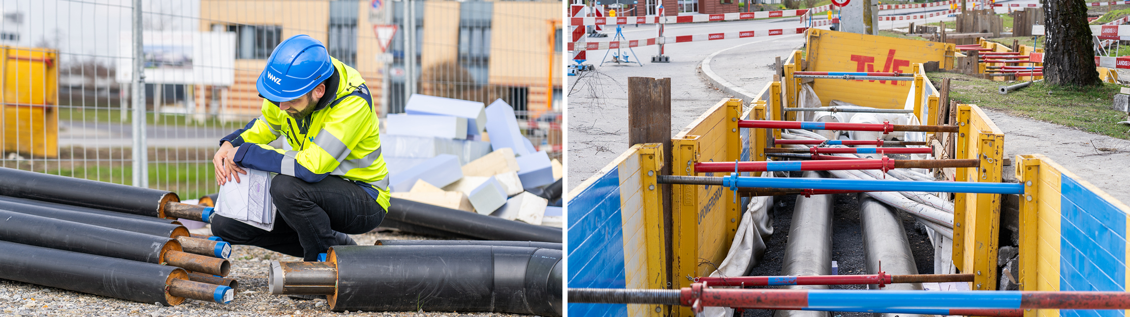Bauarbeiten in Rotkreuz. Arbeiter kniet über Fernwärmeleitung.