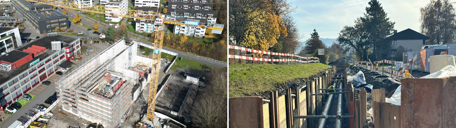 Bauarbeiten an der Strasse und Baustelle mit Kran