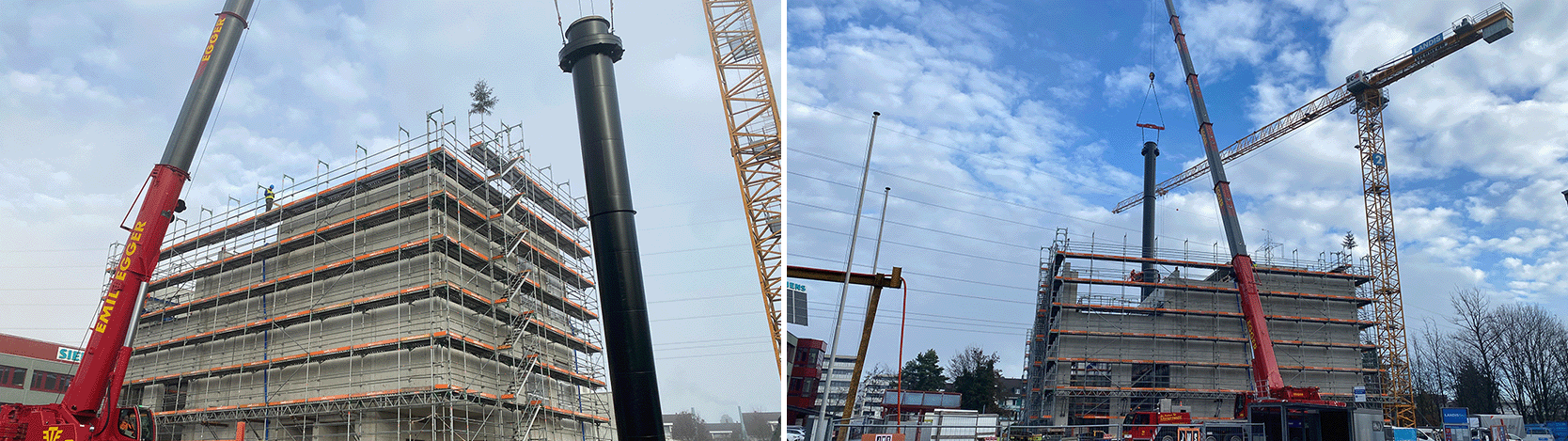 Installation der zwei 35 Meter hohen Kamine.