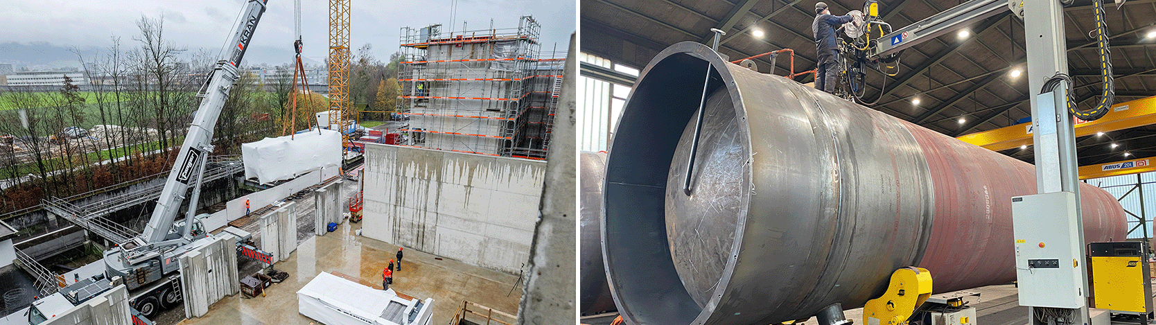 Anlieferung der Holzheizkessel und zusammenschweissen der Komponenten des Wärmespeichers in Bondaduz. 