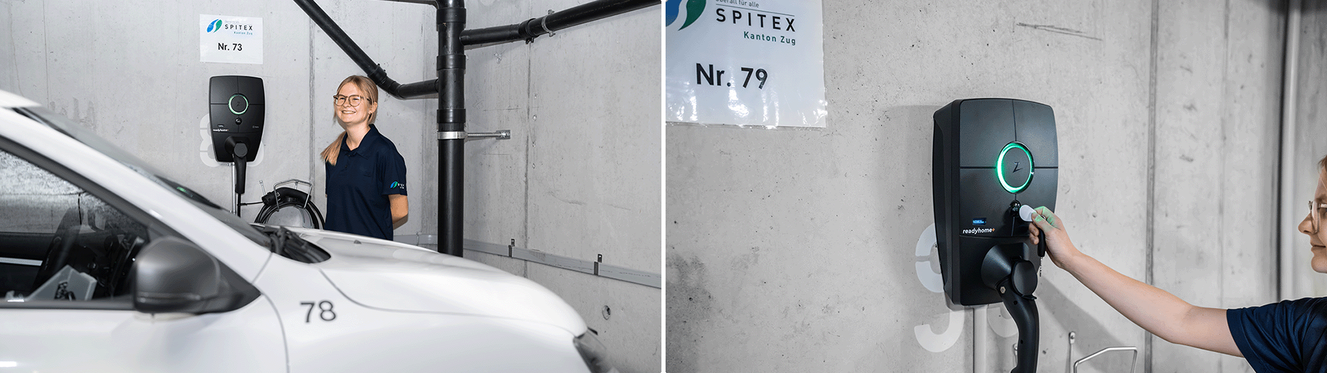 Pflegefachfrau neben Ladestation und Spitexauto